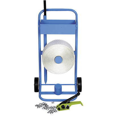 Strapping set, bonded reinforced PET strapping, tensioning tool, mobile strap dispenser, strap, metal buckles, strap width 16 mm.