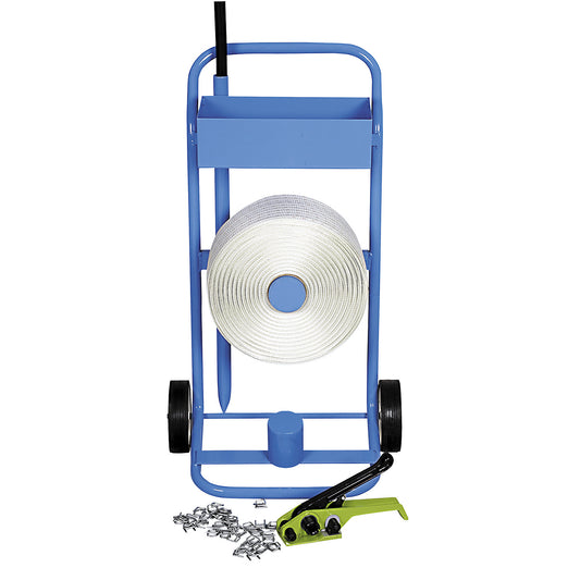 Strapping set, bonded reinforced PET strapping, tensioning tool, mobile strap dispenser, strap, metal buckles, strap width 16 mm.