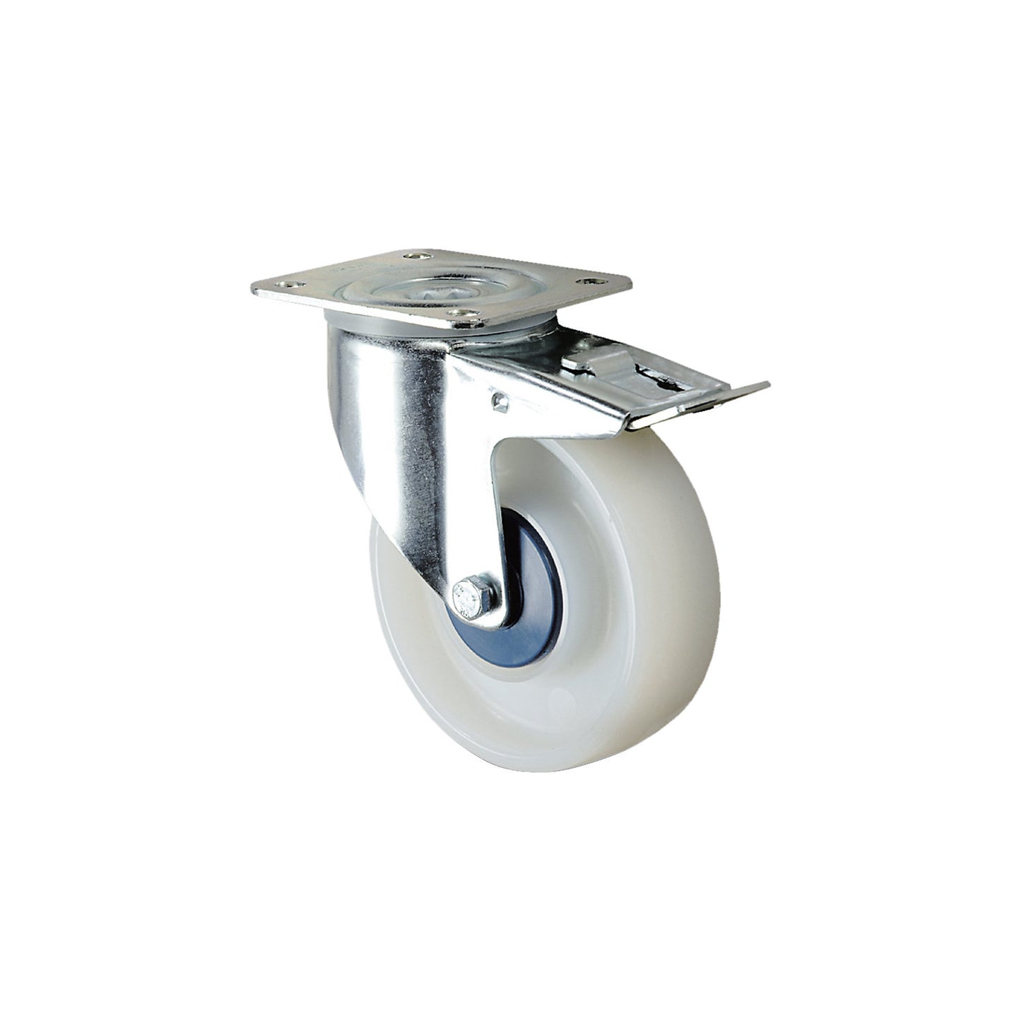 Nylon wheel, white, wheel Ø x width 100 x 36 mm, swivel castor with double stop.