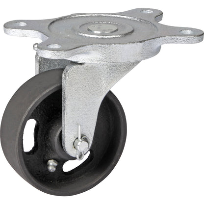 Grey cast iron wheel, annealed cast iron housing, wheel Ø x width 100 x 35 mm, swivel castor with plain bearings.
