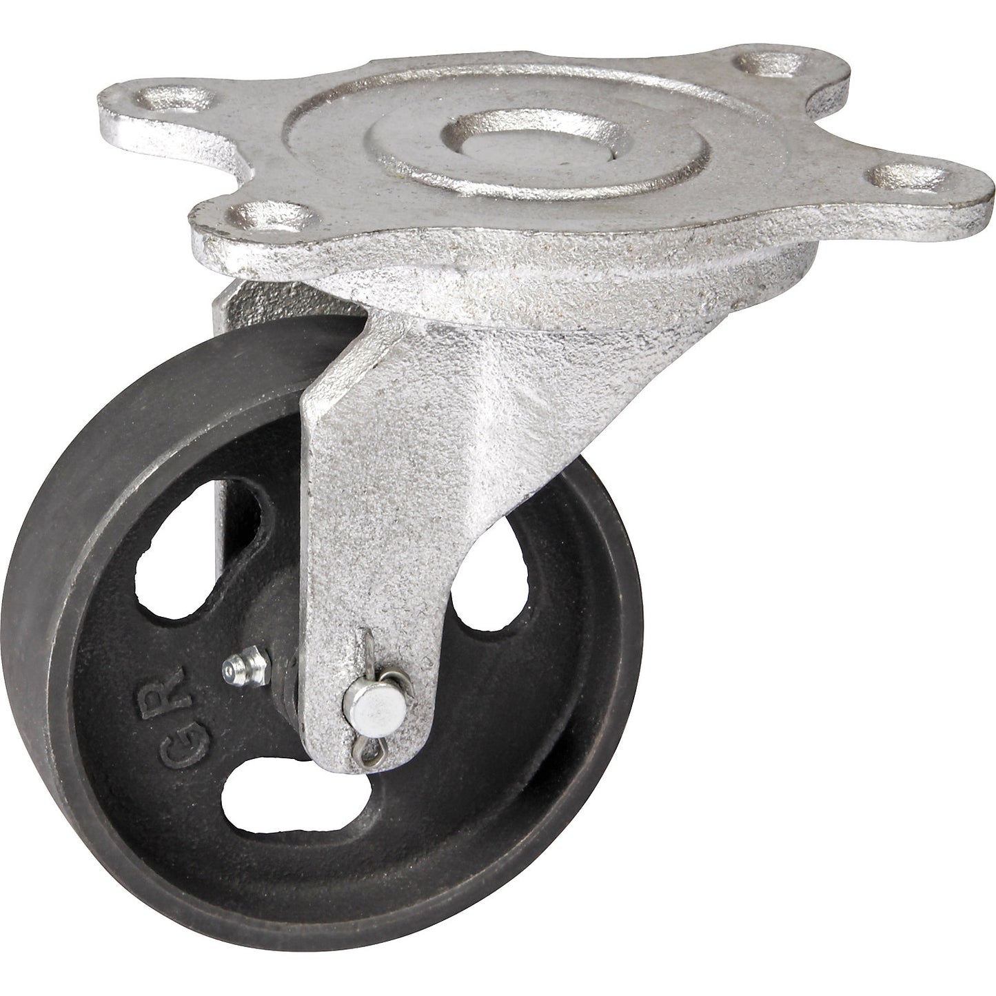 Grey cast iron wheel, annealed cast iron housing, wheel Ø x width 125 x 35 mm, swivel castor with plain bearings.