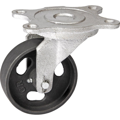 Grey cast iron wheel, annealed cast iron housing, wheel Ø x width 125 x 35 mm, swivel castor with roller bearings.