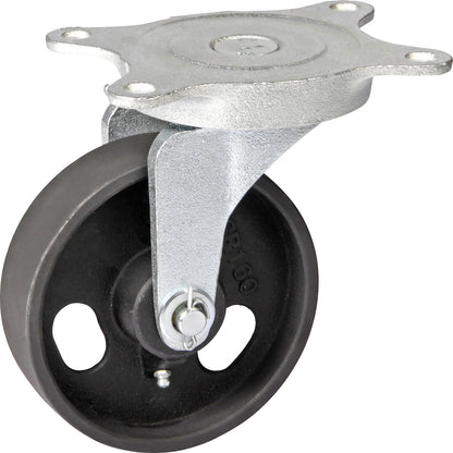 Grey cast iron wheel, annealed cast iron housing, wheel Ø x width 160 x 48 mm, swivel castor with plain bearings.