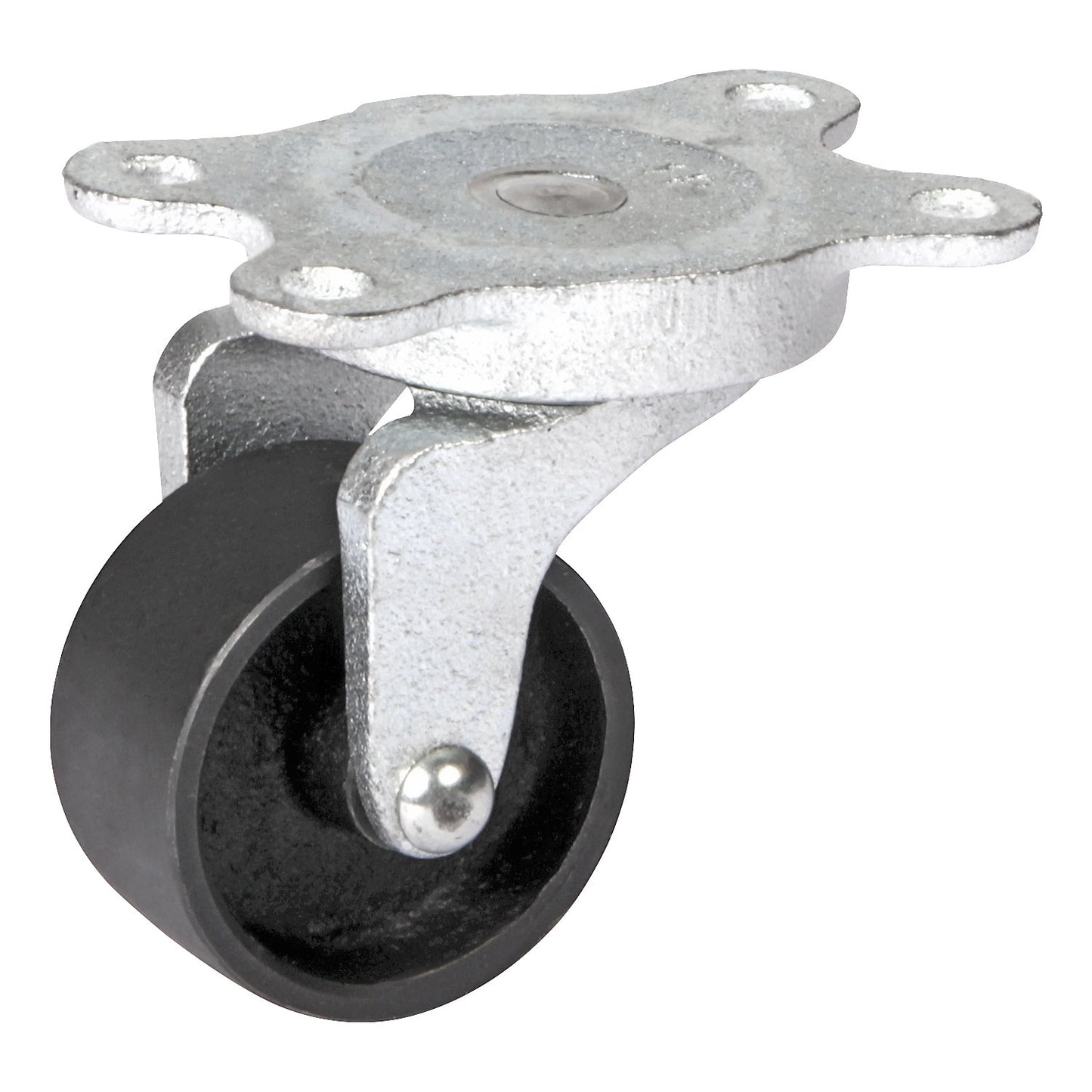 Grey cast iron wheel, annealed cast iron housing, wheel Ø x width 50 x 25 mm, swivel castor with plain bearings.