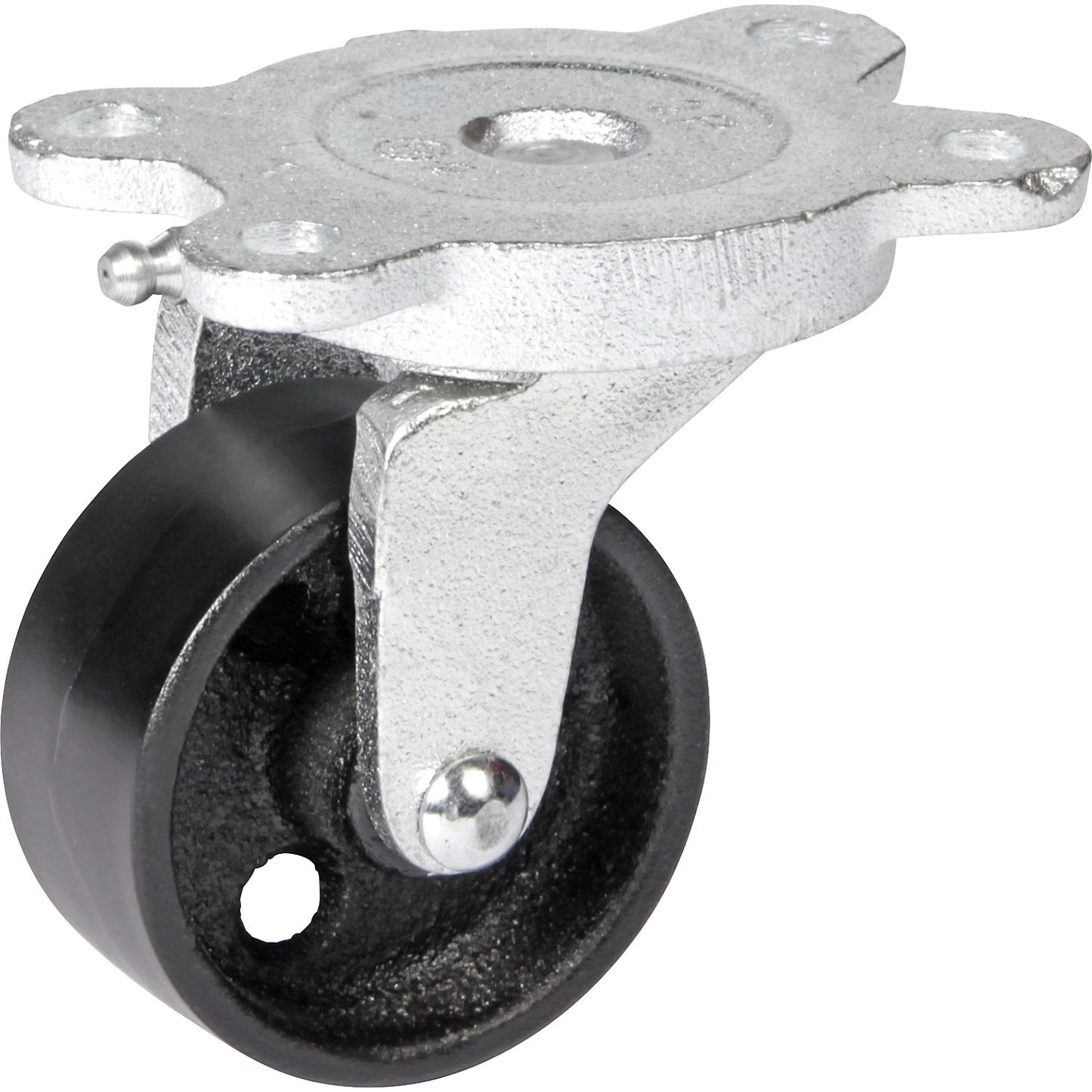 Grey cast iron wheel, annealed cast iron housing, wheel Ø x width 65 x 30 mm, swivel castor with plain bearings.