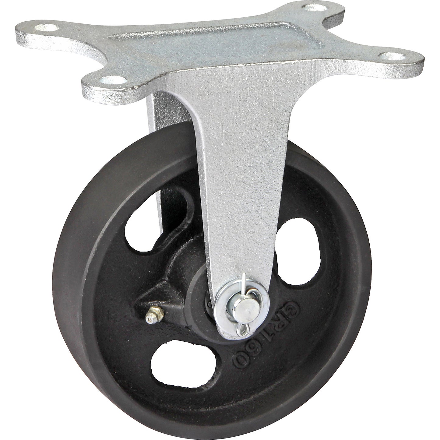 Grey cast iron wheel, annealed cast iron housing, wheel Ø x width 160 x 48 mm, fixed castor with plain bearing.