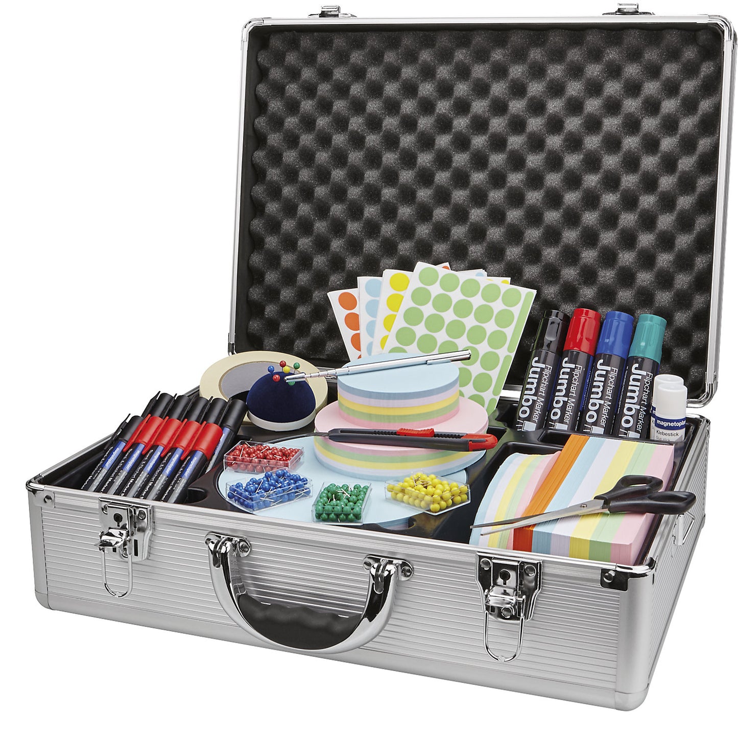 Aluminium presentation case, robust, HxWxD 340 x 470 x 165 mm, with a large, practical assortment of contents.