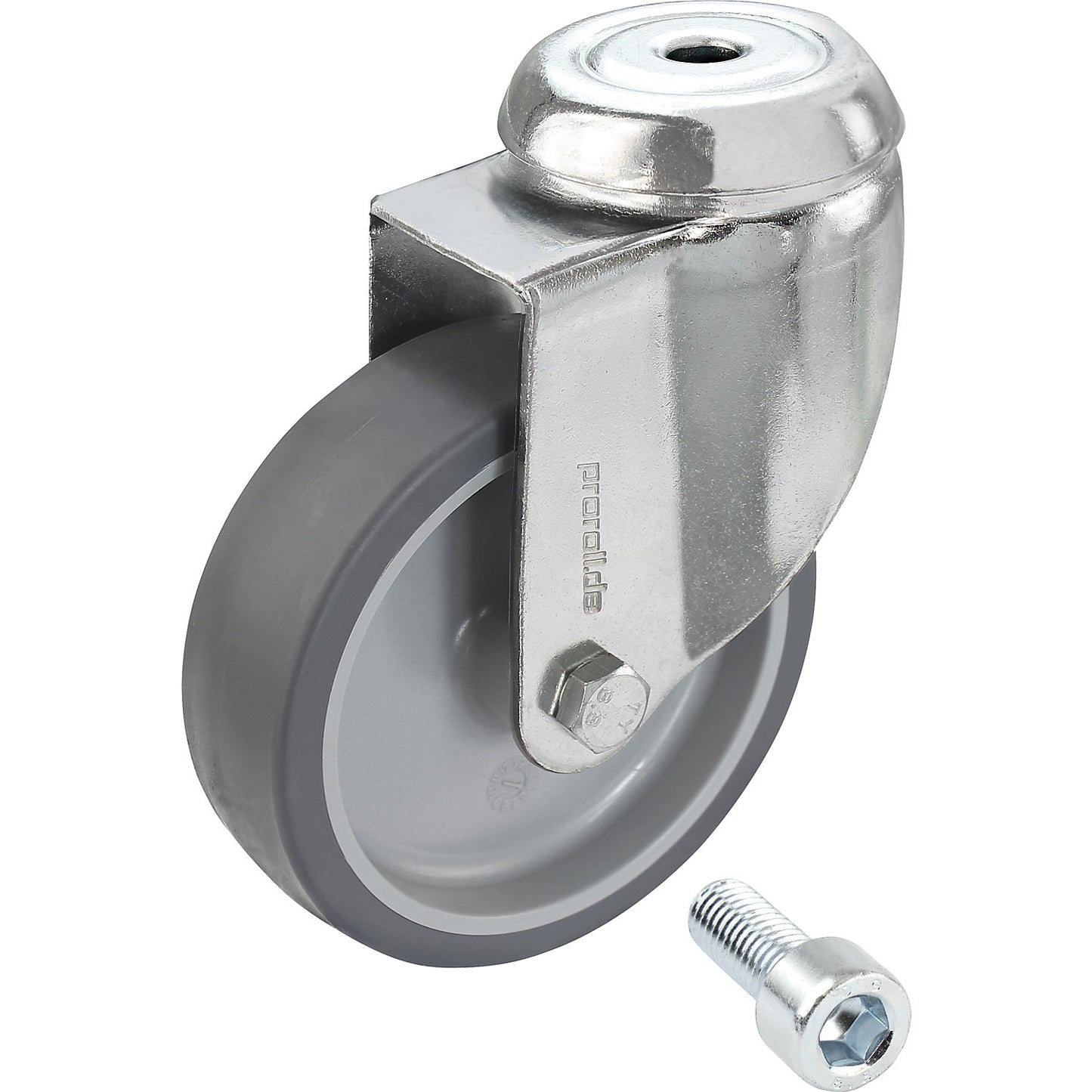 Set of thermoplastic rubber tyres, with threaded pin, 4 swivel castors, wheel Ø x width 125 x 32 mm.