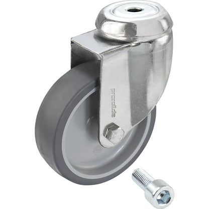 Set of thermoplastic rubber tyres, with threaded pin, 4 swivel castors, wheel Ø x width 125 x 32 mm.