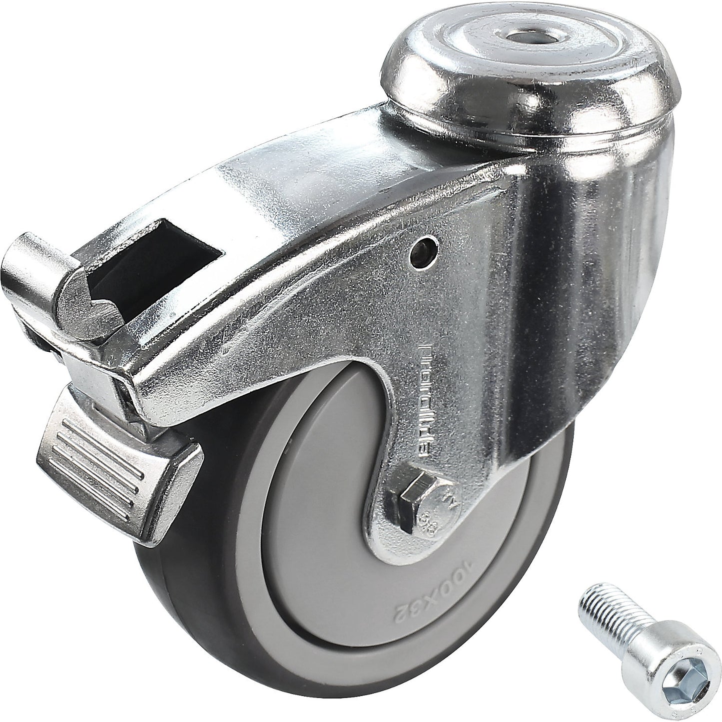 Rubber tyre, thermoplastic, with threaded pin, wheel Ø x width 50 x 18 mm, swivel castor with double stop.