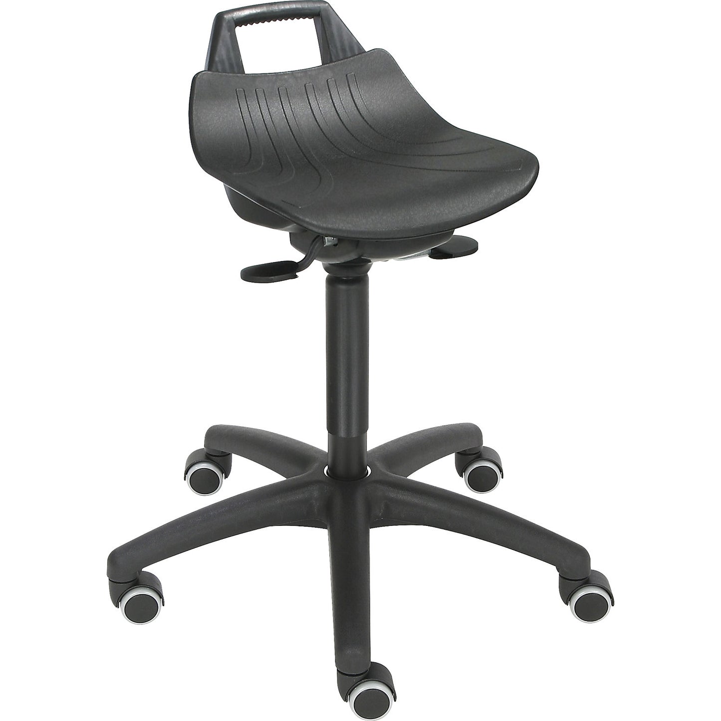 Stool with gas-lift height adjustment, with castors, hard plastic seat in black.
