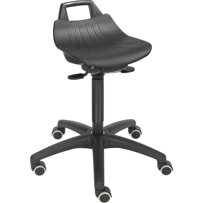 Stool with gas-lift height adjustment, with castors, hard plastic seat in black.