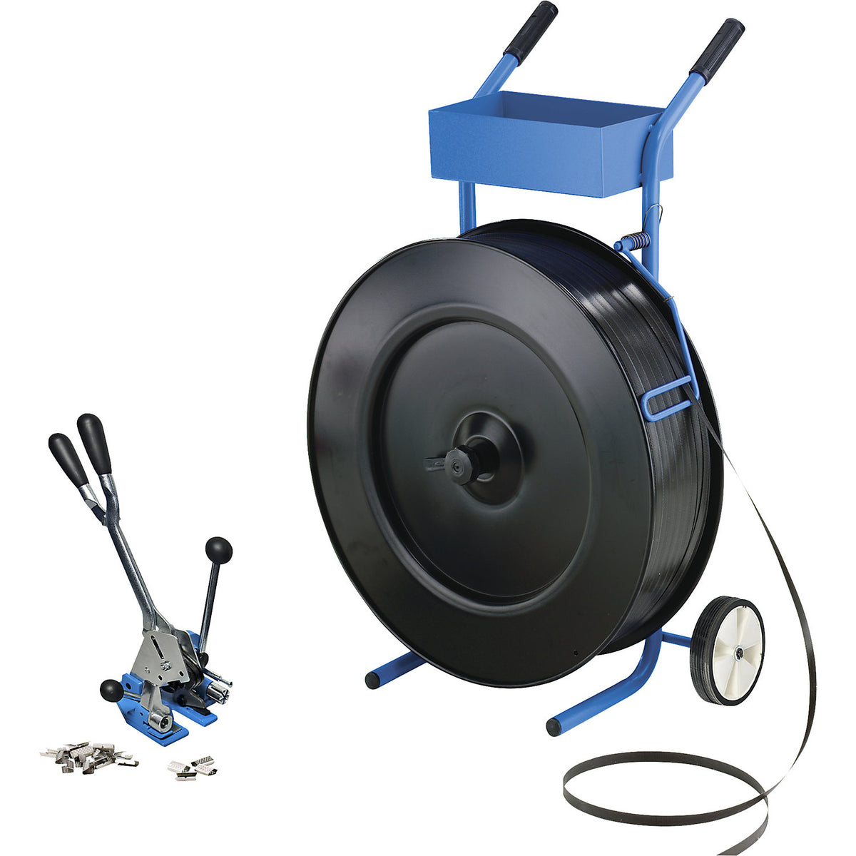 Strapping set, PP strapping, tensioning and sealing tool, mobile strap dispenser, strap, seals, strapping width 16 mm.