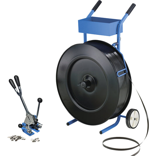 Strapping set, PP strapping, tensioning and sealing tool, mobile strap dispenser, strap, seals, strapping width 16 mm.