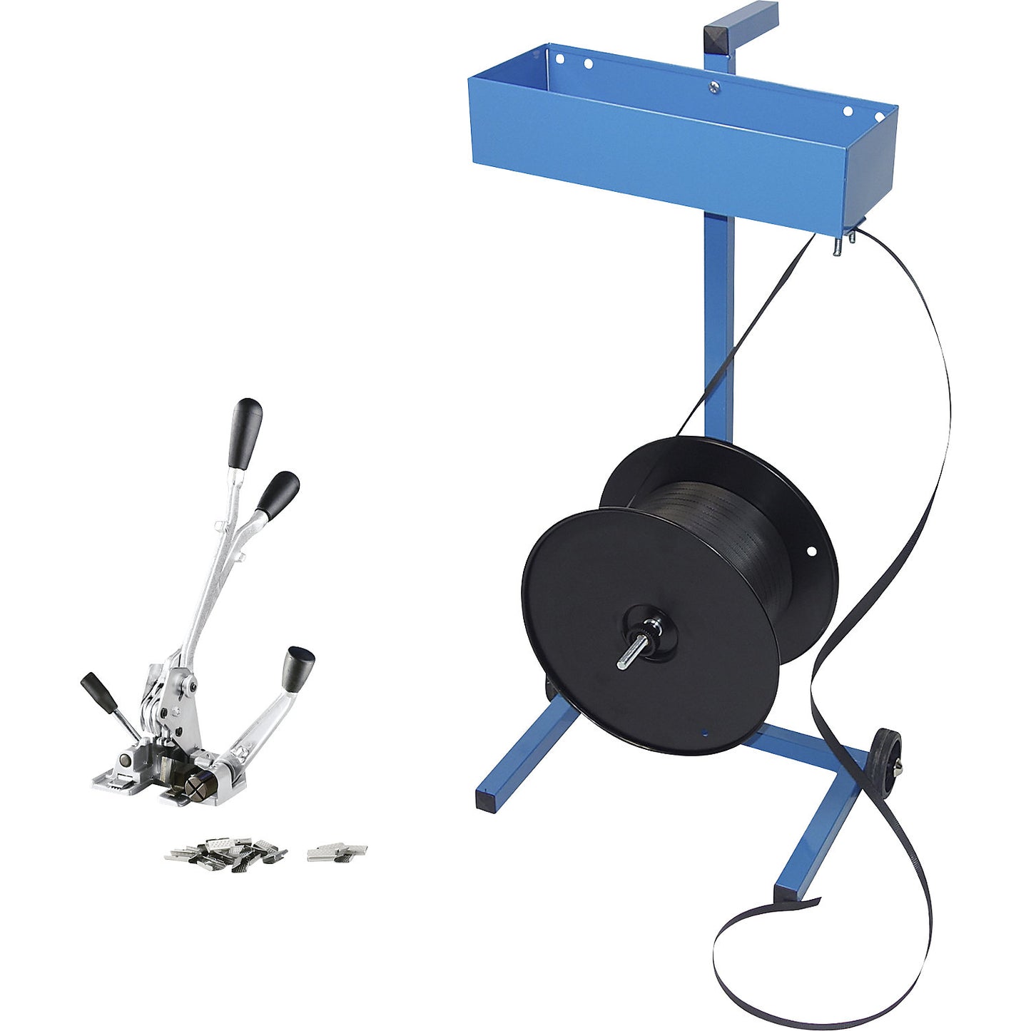 Strapping set, PP strapping, tensioning and sealing tool, strap dispenser, strap, seals, strapping width 16 mm.