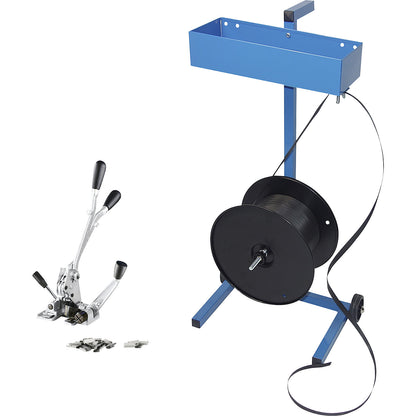 Strapping set, PP strapping, tensioning and sealing tool, strap dispenser, strap, seals, strapping width 16 mm.
