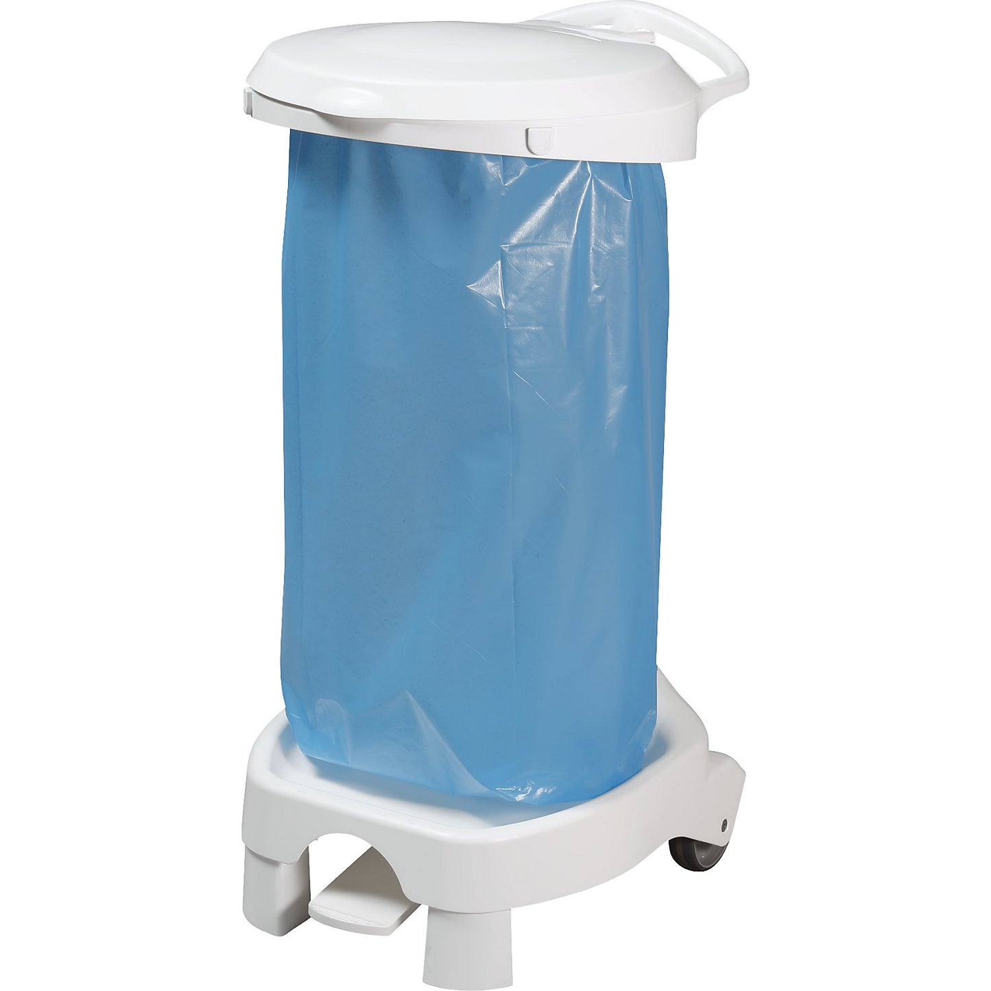 Pedal operated waste sack stand with castors, with 2 fixed castors, 2 support feet, white.