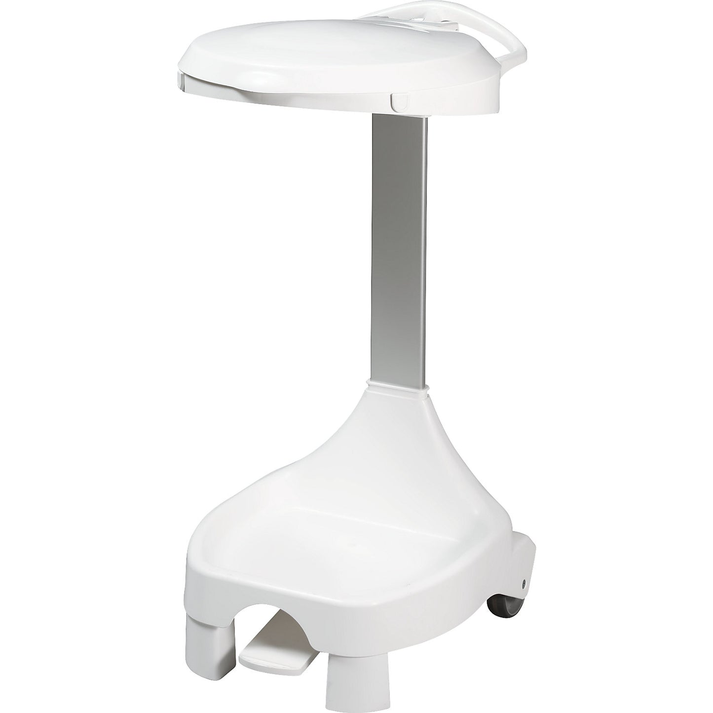 Pedal operated waste sack stand with castors, with 2 fixed castors, 2 support feet, white.