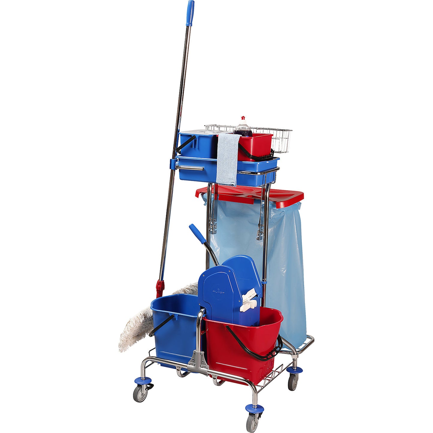 Cleaning trolley set, LxWxH 750 x 650 x 1220 mm, chrome plated, wide wipe mop set.