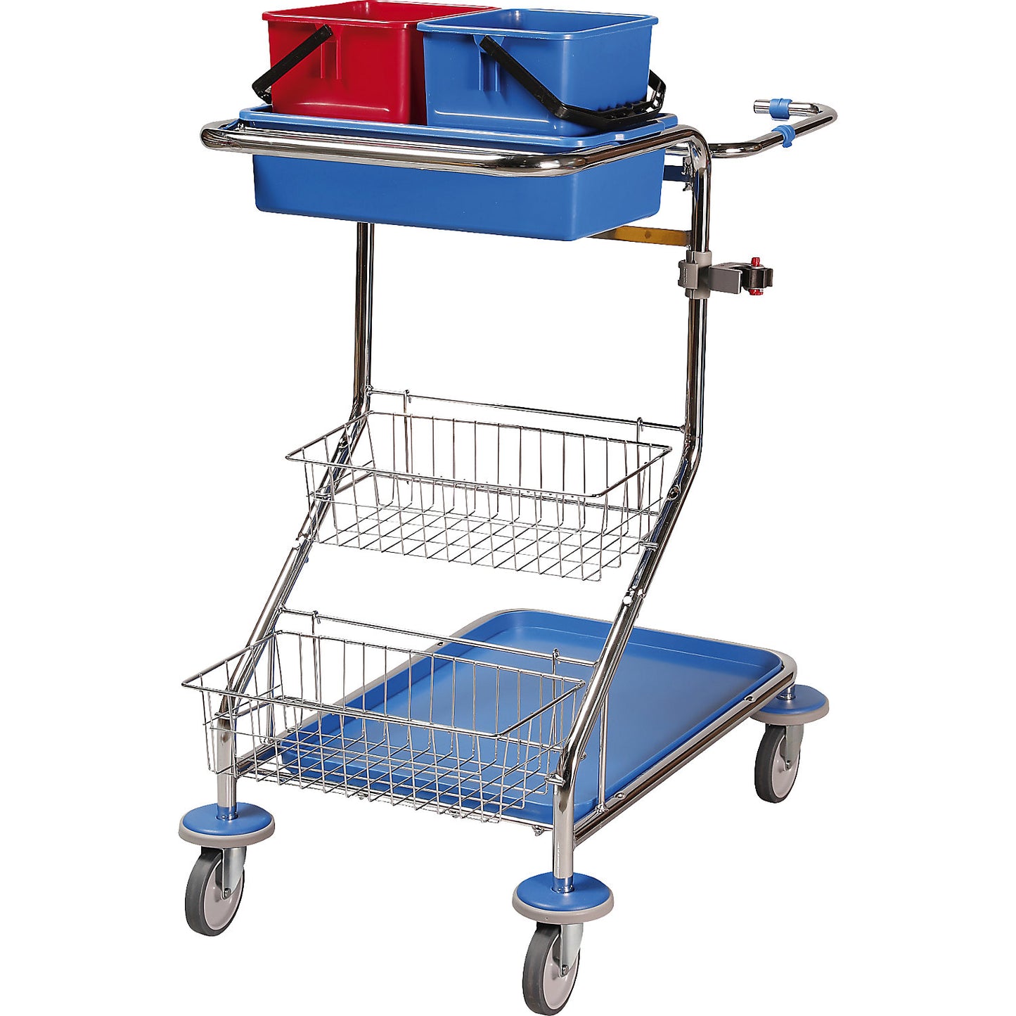 Cleaning and service trolley, LxWxH 850 x 530 x 1050 mm, chrome plated.