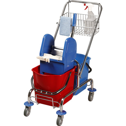Wet mop trolley, 2 x 25 l double mobile buckets, push handle, wide wipe mop set.