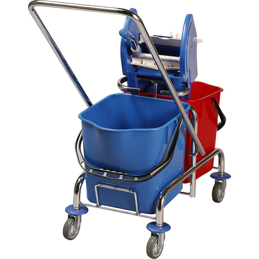 Wet mop trolley, 2 x 25 l double mobile buckets, swivelling mop wringer, plastic bucket with handle.