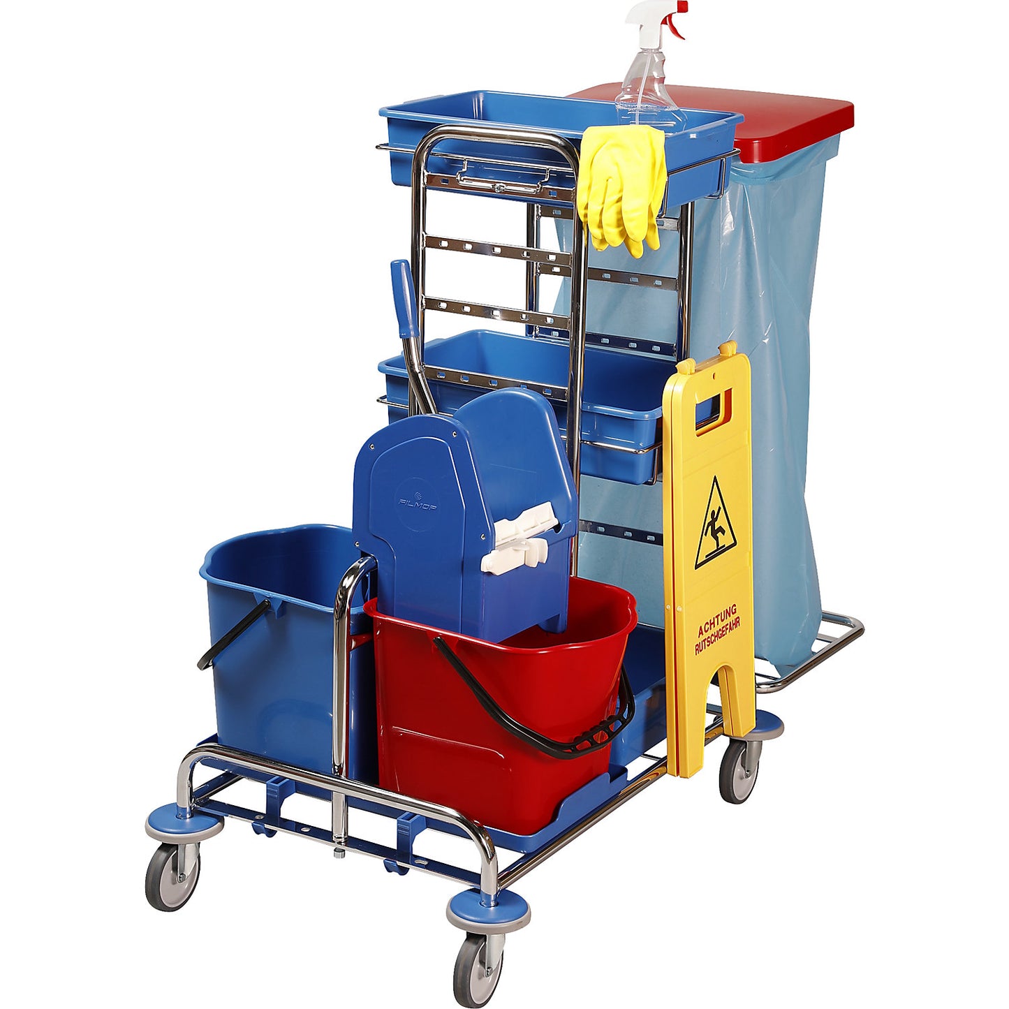 Cleaning trolley set, LxWxH 1050 x 580 x 1100 mm, 3 plastic trays, 10 mops, wide wipe mop set.
