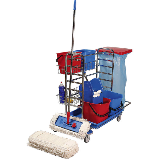 Cleaning trolley set, LxWxH 1130 x 670 x 1100 mm, 2 wire baskets, 10 mops, wide wipe mop set.