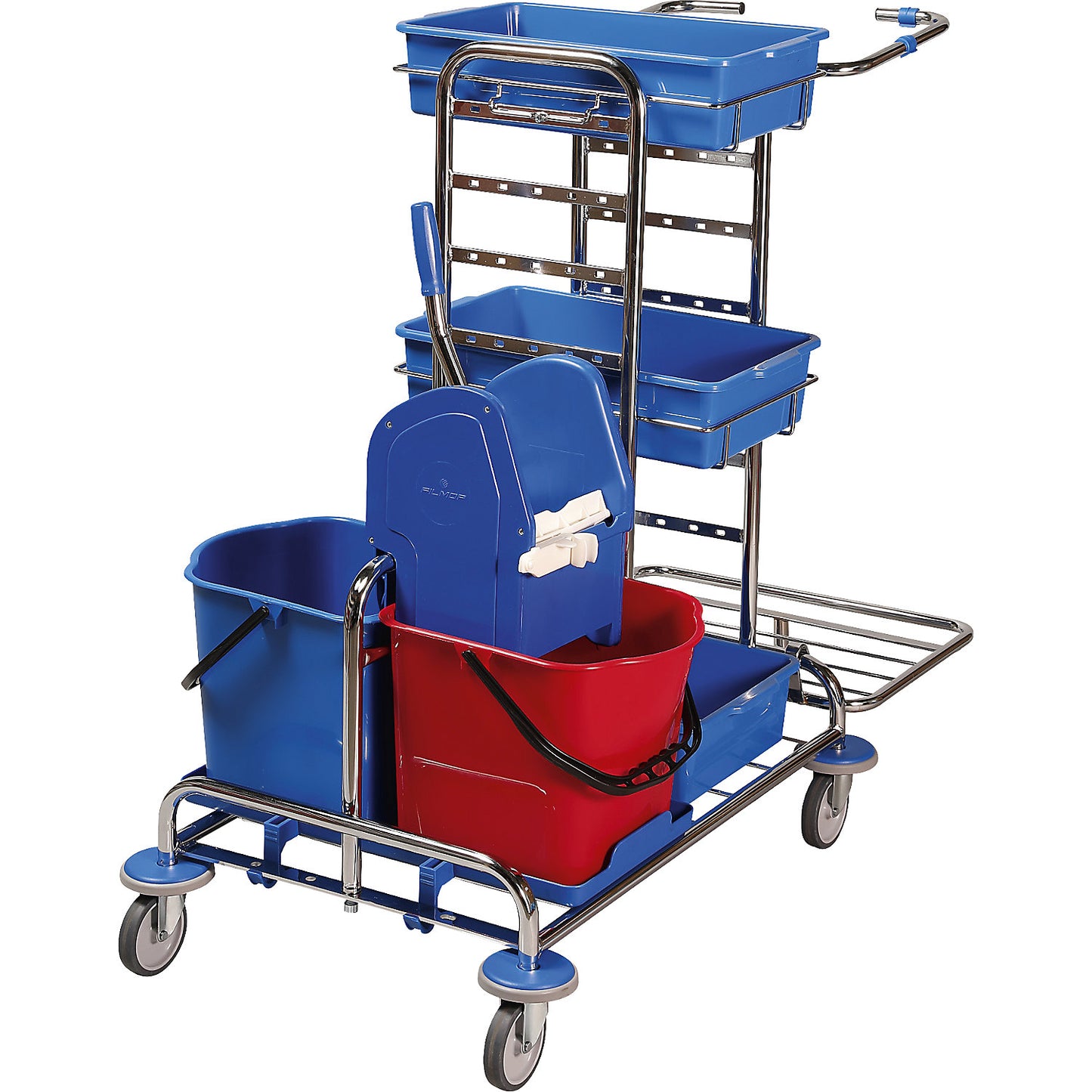 Cleaning and service trolley, LxWxH 1050 x 580 x 1100 mm, 3 plastic trays, chrome plated.