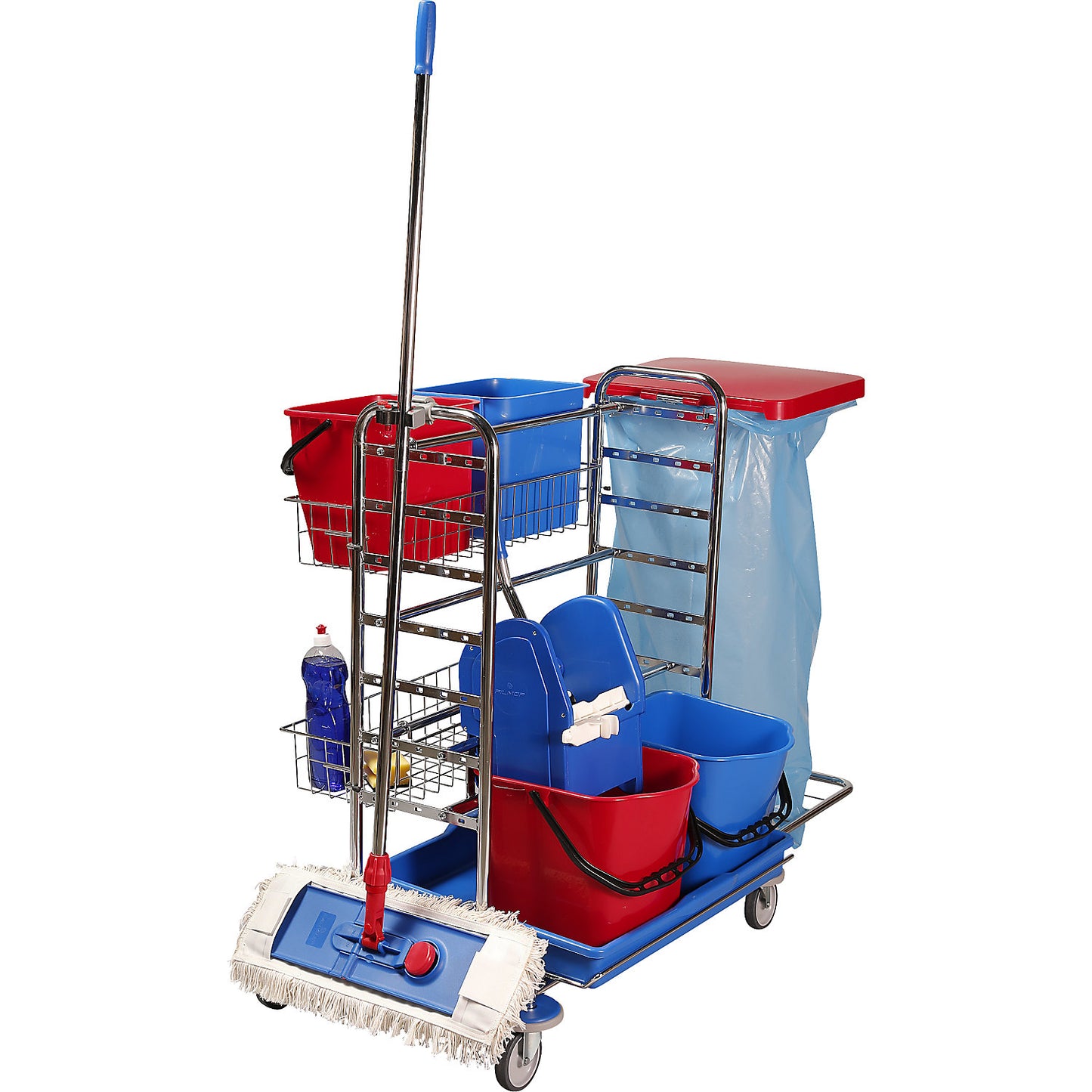 Cleaning and service trolley, LxWxH 1130 x 670 x 1100 mm, 2 wire baskets, chrome plated.