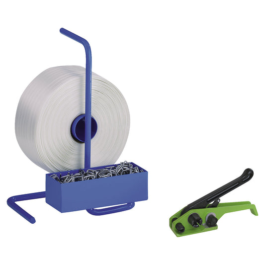 Strapping set, woven reinforced PET strapping, tensioning tool, portable strap dispenser, strap, metal buckles, strap width 16 mm.