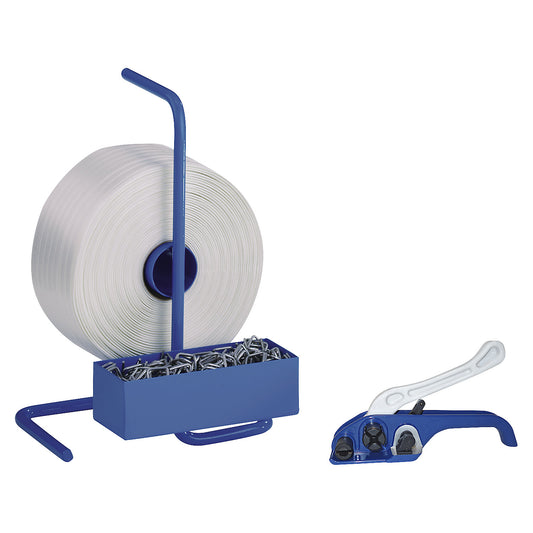 Strapping set, woven reinforced PET strapping, tensioning tool, portable strap dispenser, strap, metal buckles, strap width 25 mm.