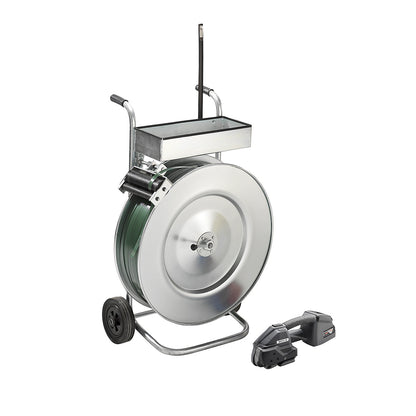 Strapping set, heavy duty PET strapping, fully automatic tensioning tool, mobile strap dispenser, strap, threading rod, strap width 19 mm.
