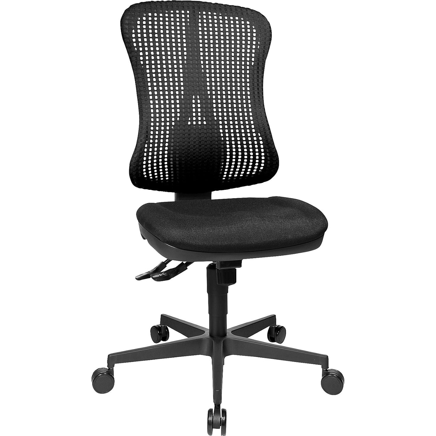 Ergonomic swivel chair, contoured seat, without arm rests, black seat, black mesh back rest.