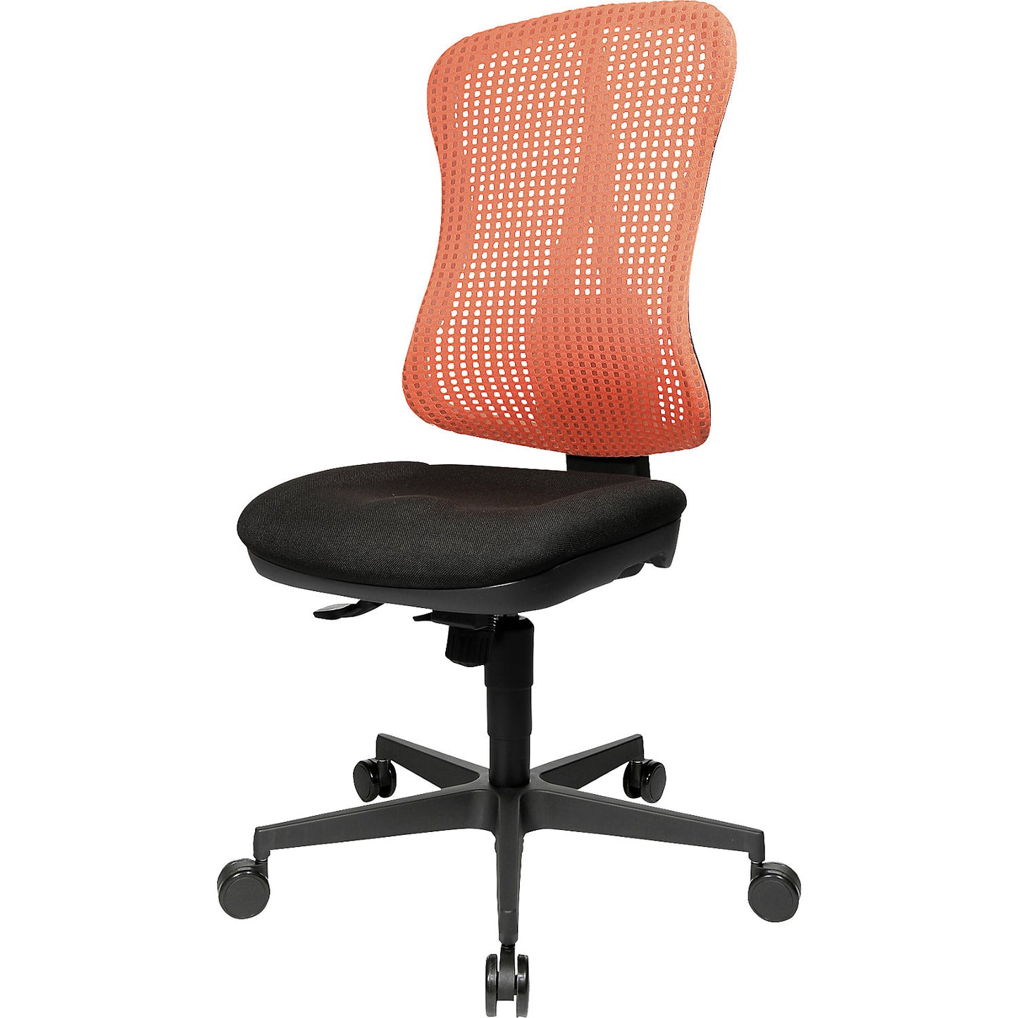 Ergonomic swivel chair, contoured seat, without arm rests, black seat, red mesh back rest.