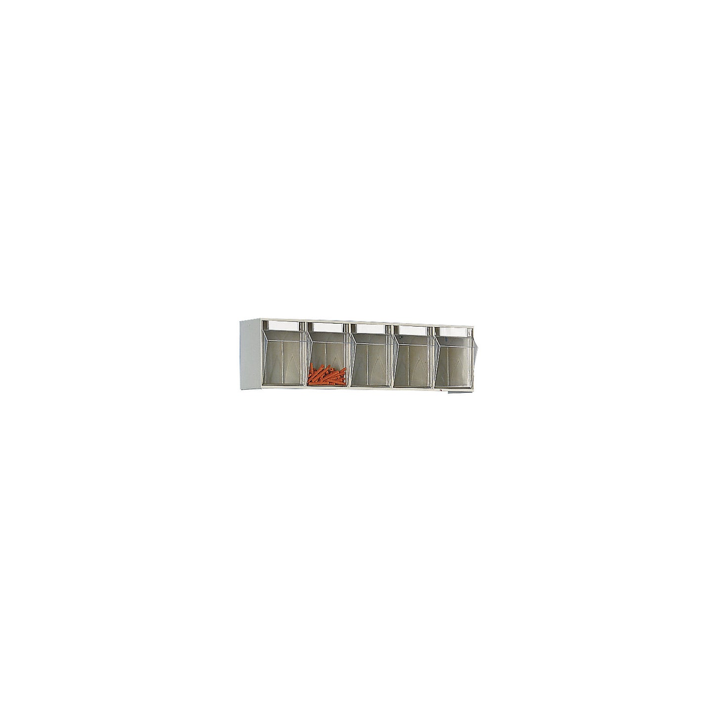 Visual storage container system, housing HxWxD 164 x 600 x 133 mm, 5 bins, sand beige.