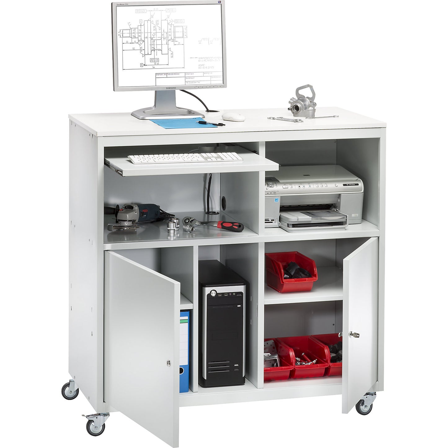 PC desk, mobile, HxWxD 1184 x 1180 x 590 mm, light grey RAL 7035.