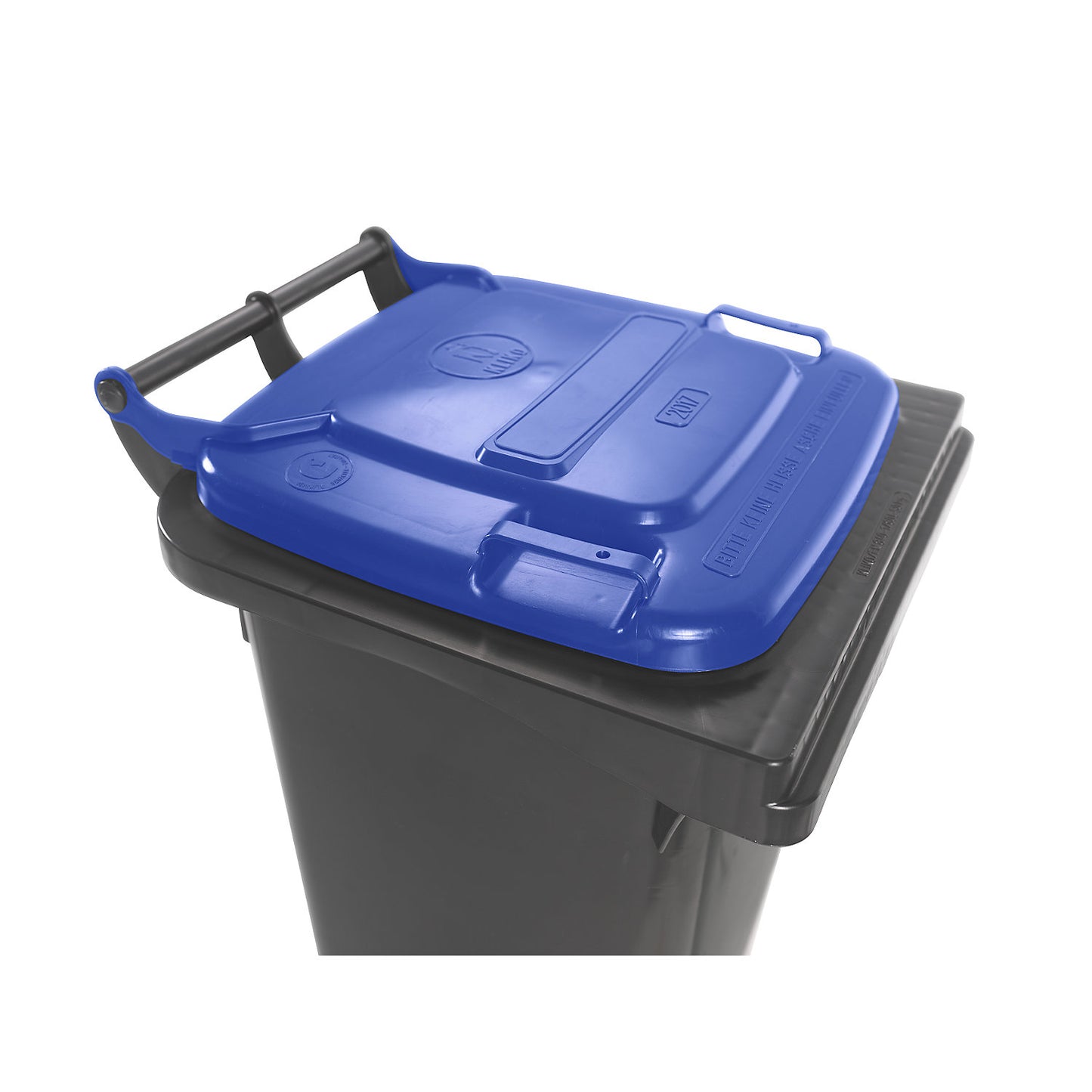 Wheelie bin in accordance with DIN EN 840, capacity 80 l, WxHxD 448 x 975 x 530 mm, charcoal, blue lid.
