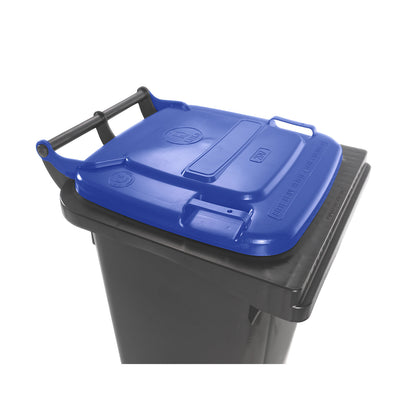 Wheelie bin in accordance with DIN EN 840, capacity 80 l, WxHxD 448 x 975 x 530 mm, charcoal, blue lid.