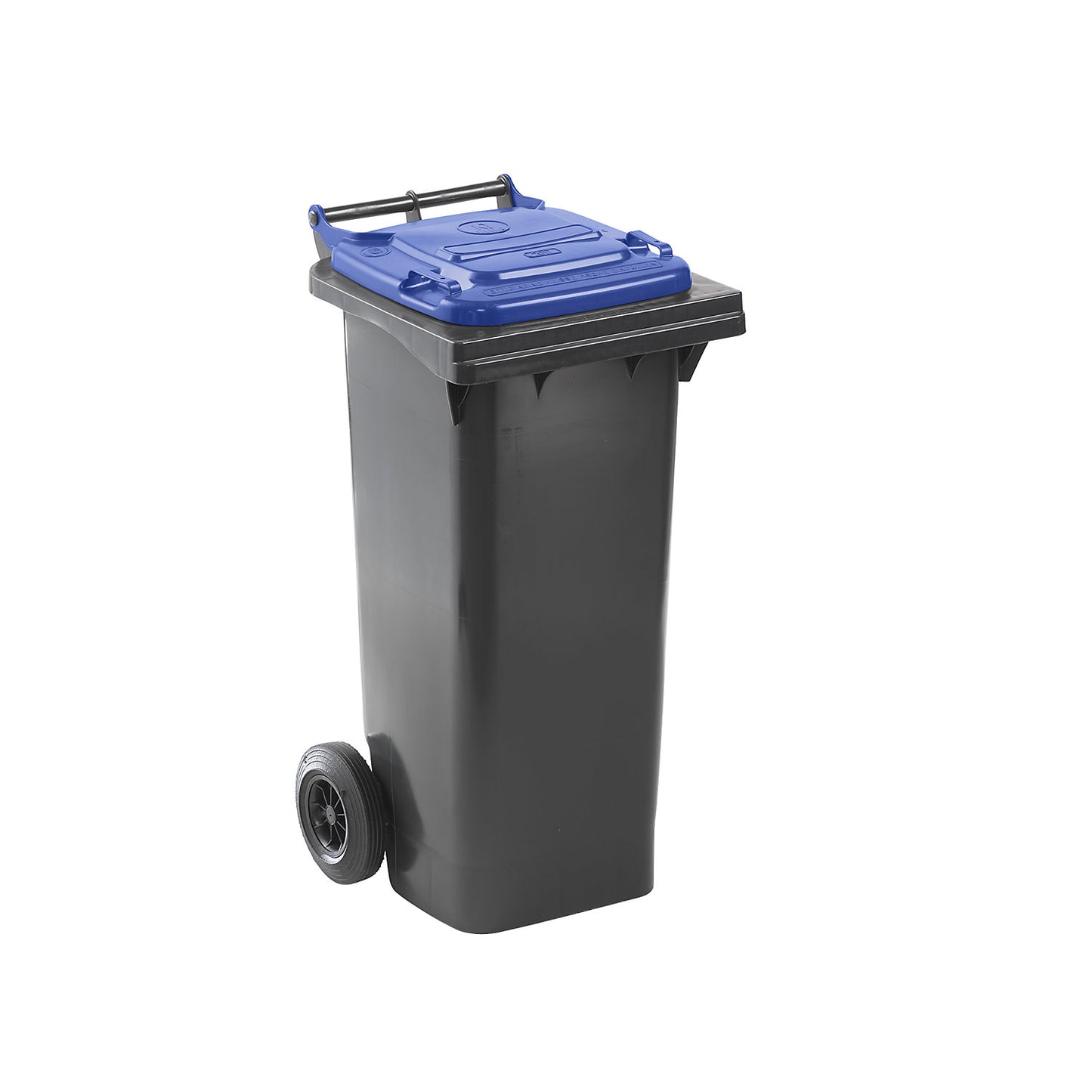 Wheelie bin in accordance with DIN EN 840, capacity 80 l, WxHxD 448 x 975 x 530 mm, charcoal, blue lid.