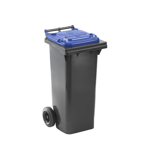 Wheelie bin in accordance with DIN EN 840, capacity 80 l, WxHxD 448 x 975 x 530 mm, charcoal, blue lid.