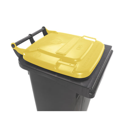 Wheelie bin in accordance with DIN EN 840, capacity 80 l, WxHxD 448 x 975 x 530 mm, charcoal, yellow lid.