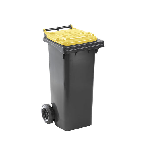 Wheelie bin in accordance with DIN EN 840, capacity 80 l, WxHxD 448 x 975 x 530 mm, charcoal, yellow lid.