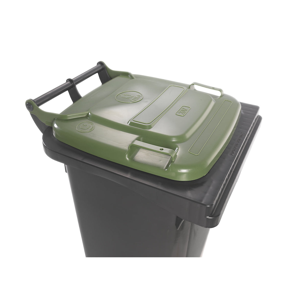 Wheelie bin in accordance with DIN EN 840, capacity 80 l, WxHxD 448 x 975 x 530 mm, charcoal, green lid.