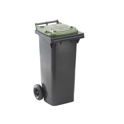 Wheelie bin in accordance with DIN EN 840, capacity 80 l, WxHxD 448 x 975 x 530 mm, charcoal, green lid.