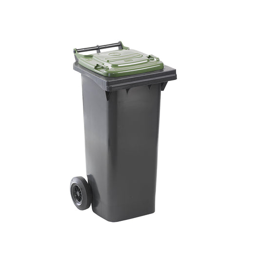 Wheelie bin in accordance with DIN EN 840, capacity 80 l, WxHxD 448 x 975 x 530 mm, charcoal, green lid.