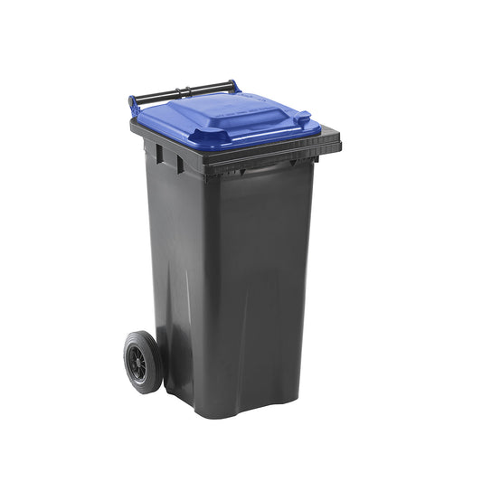 Wheelie bin in accordance with DIN EN 840, capacity 120 l, WxHxD 505 x 1005 x 555 mm, charcoal, blue lid.