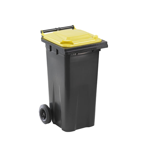 Wheelie bin in accordance with DIN EN 840, capacity 120 l, WxHxD 505 x 1005 x 555 mm, charcoal, yellow lid.
