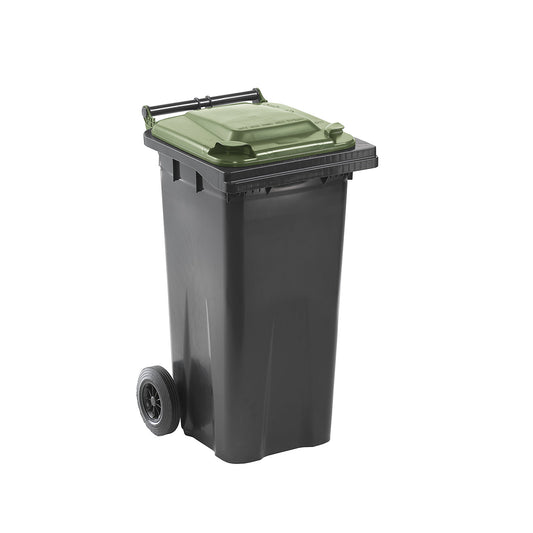 Wheelie bin in accordance with DIN EN 840, capacity 120 l, WxHxD 505 x 1005 x 555 mm, charcoal, green lid.