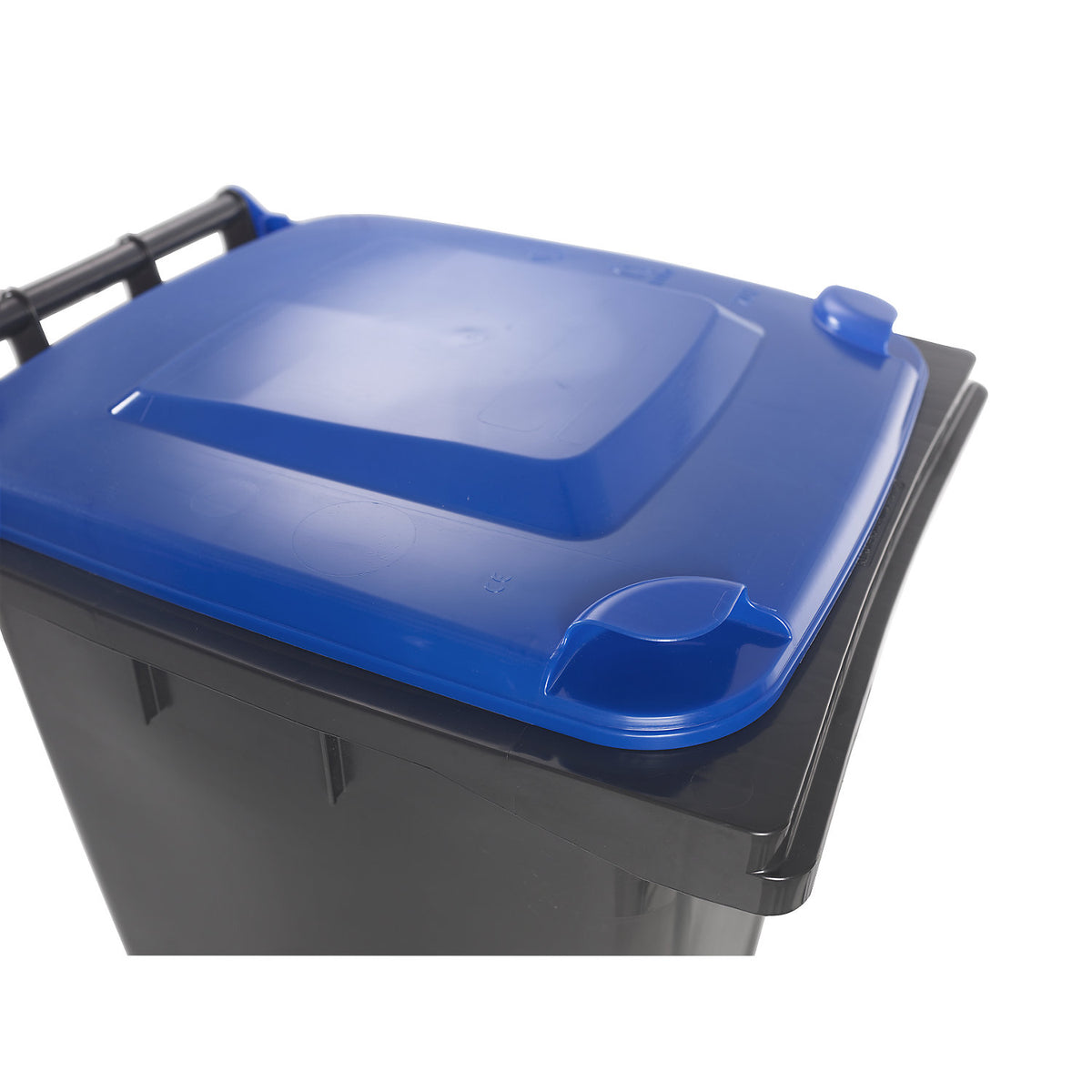 Wheelie bin in accordance with DIN EN 840, capacity 240 l, WxHxD 580 x 1100 x 740 mm, charcoal, blue lid.